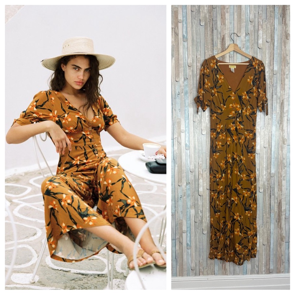L*Space M Wide Leg Dolce Jumper Jumpsuit Love Song‎ Floral Print Mustard Yellow
